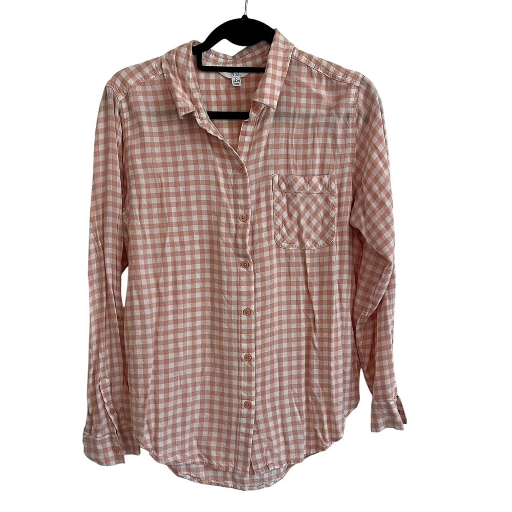 Time & Tru Button Down Shirt Women's L Pink/White Plaid Gingham Casual